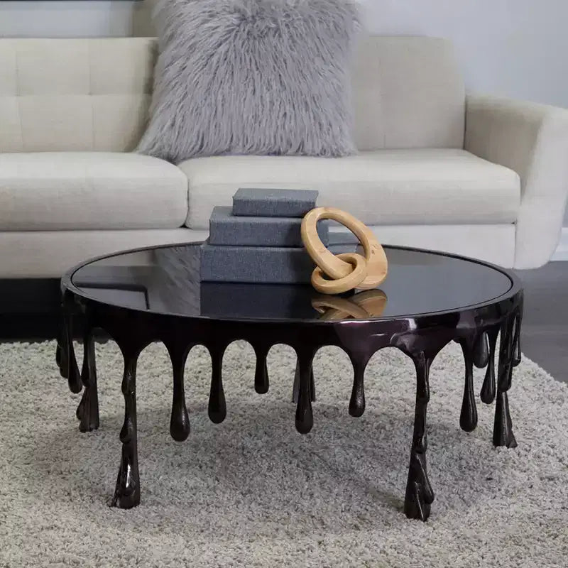Table basse Melting Drip en métal et verre trempé noir contemporaine – Olivia & May