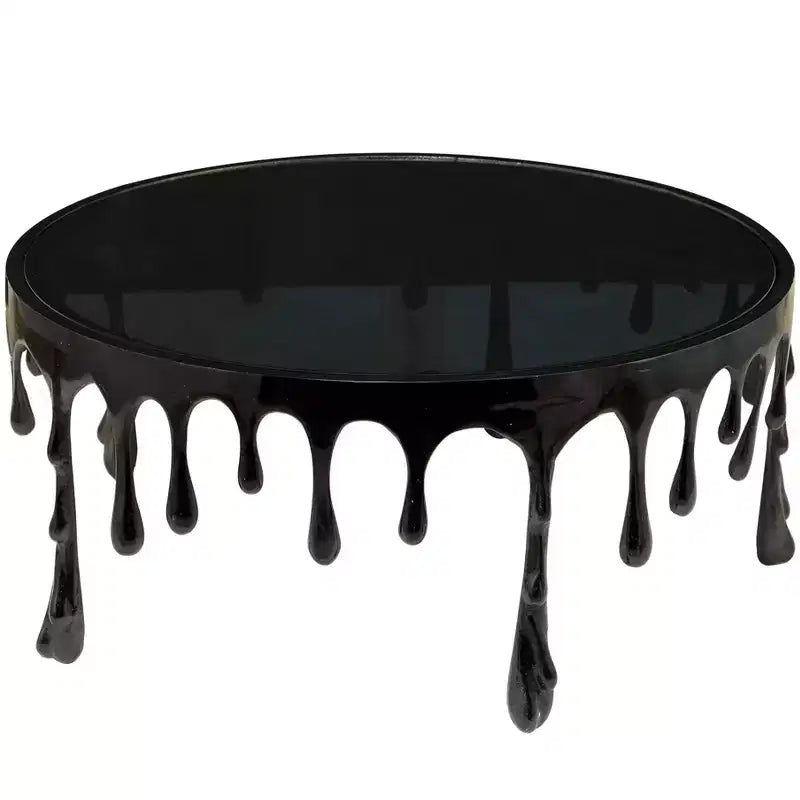 Table basse Melting Drip en métal et verre trempé noir contemporaine – Olivia & May