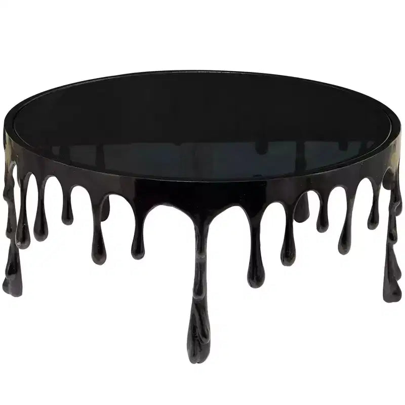 Table basse Melting Drip en métal et verre trempé noir contemporaine – Olivia & May
