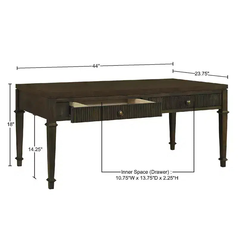 Martha Stewart Kenna Table Basse 2 Tiroirs Cannelée Marron : Placage Bois Traditionnel, Rangement, Pieds Coniques, Quincaillerie en Laiton