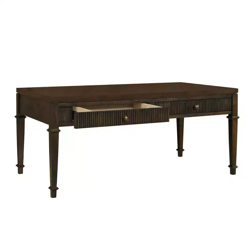 Martha Stewart Kenna Table Basse 2 Tiroirs Cannelée Marron : Placage Bois Traditionnel, Rangement, Pieds Coniques, Quincaillerie en Laiton