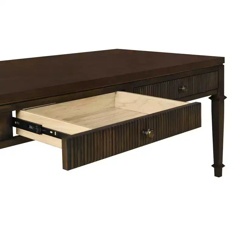 Martha Stewart Kenna Table Basse 2 Tiroirs Cannelée Marron : Placage Bois Traditionnel, Rangement, Pieds Coniques, Quincaillerie en Laiton