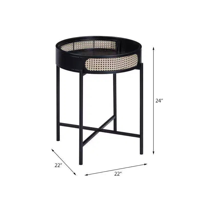 Table d'appoint Colson 22" finition noire - Acme Furniture : Détail en rotin, Cadre en métal, Dessus en bois, Aucun assemblage requis