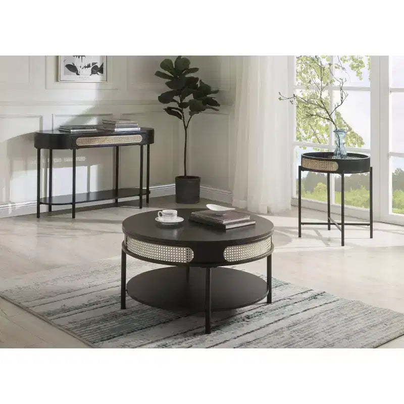 Table d'appoint Colson 22" finition noire - Acme Furniture : Détail en rotin, Cadre en métal, Dessus en bois, Aucun assemblage requis