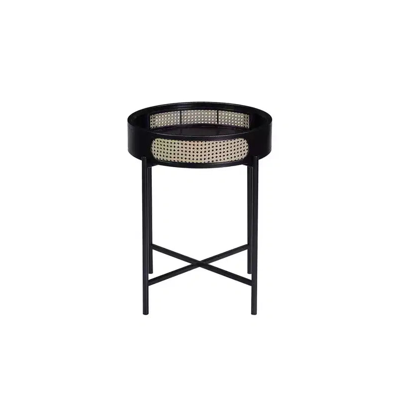 Table d'appoint Colson 22" finition noire - Acme Furniture : Détail en rotin, Cadre en métal, Dessus en bois, Aucun assemblage requis
