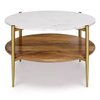 Table basse Fleetwood blanche - WyndenHall : style Mid-Century Modern, étagère en acacia, cadre en laiton antique