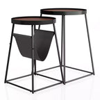 24/7 Shop At Home Quinlane Nesting Table with Magazine Holder Walnut/Matte Black: Modern Steel Frame, Round MDF Top