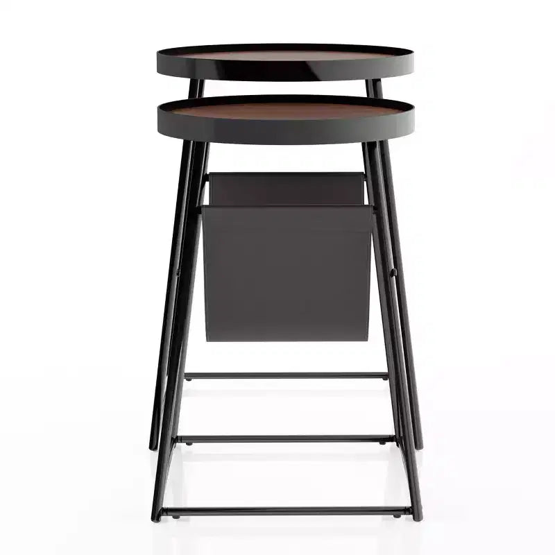 Table gigogne Quinlane 24/7 Shop At Home avec porte-revues Noyer/Noir mat : Cadre en acier moderne, Plateau rond en MDF