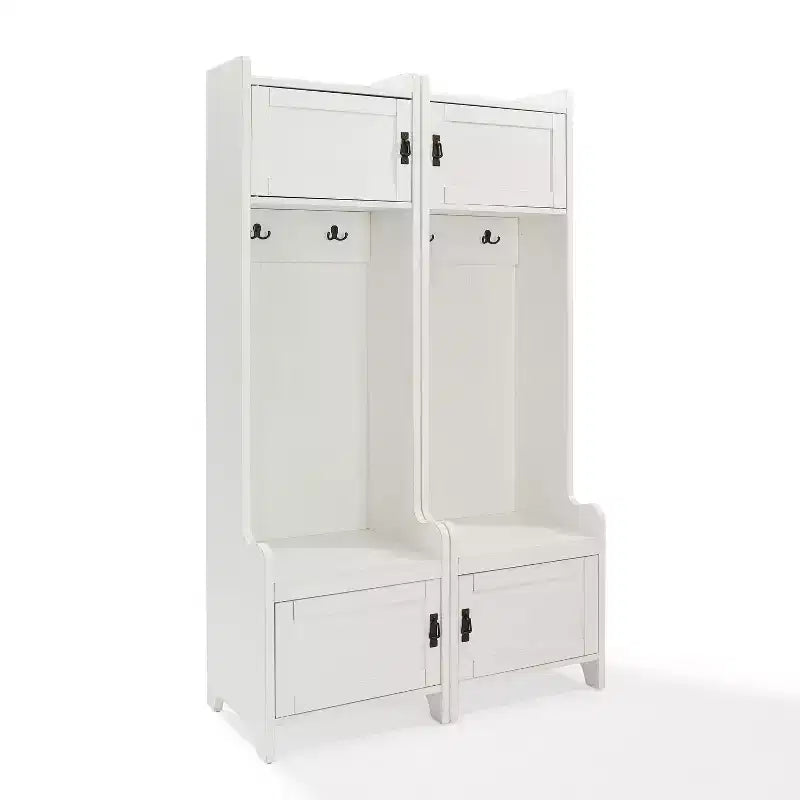 Crosley 2pc Fremont Entryway Kit Two Towers White: Hall Tree Organizer with 4 Hooks, Wood Veneer, Metal Hardware