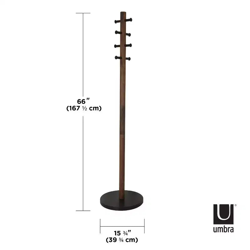 Porte-manteau sur pied Umbra Wood Pillar Noir/Noyer : 8 crochets, autoportant, montage facile, hauteur de 66 po