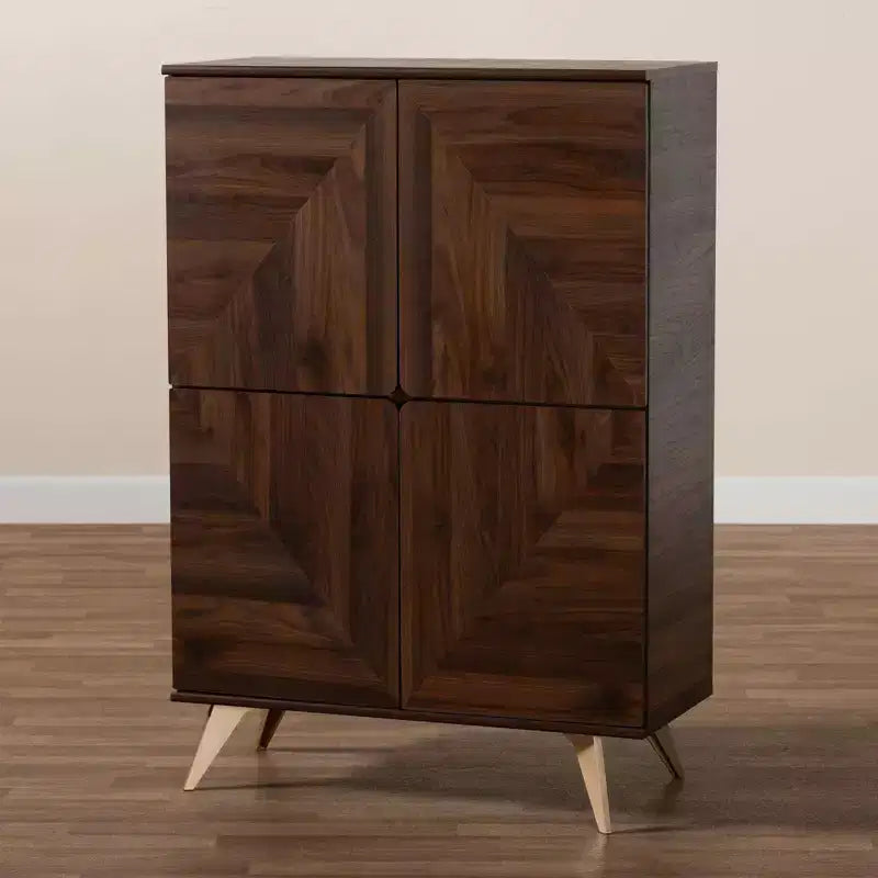 Meuble à chaussures en bois Graceland Noyer Marron/Or - Baxton Studio : Design Mid-Century, 6 étagères, organise 18 paires
