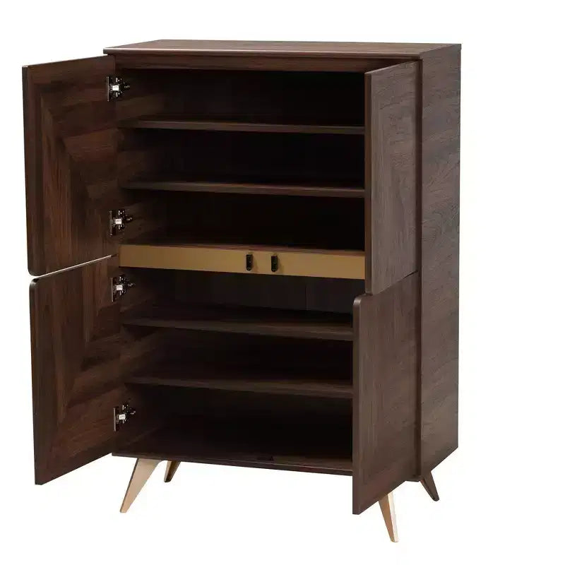 Meuble à chaussures en bois Graceland Noyer Marron/Or - Baxton Studio : Design Mid-Century, 6 étagères, organise 18 paires