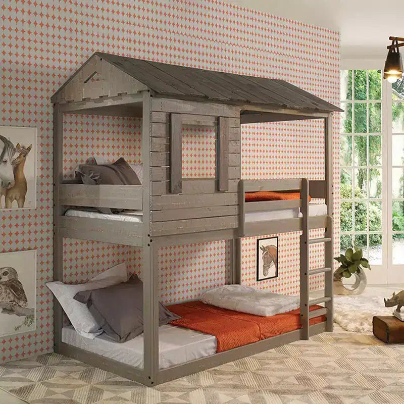 Lit superposé Darlene Loft 77 po et Lit superposé Rustic Gray – Acme Furniture : Bois de pin massif, barrières de sécurité, échelle, aire de jeu