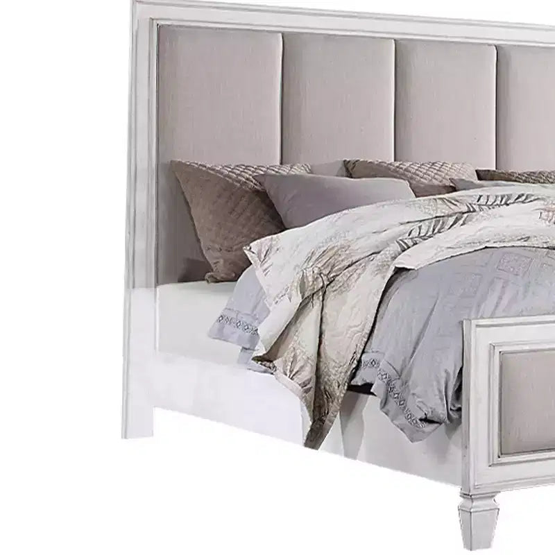 Lit Katia King Size 88" en lin gris clair, finition blanc vieilli gris rustique - Acme Furniture