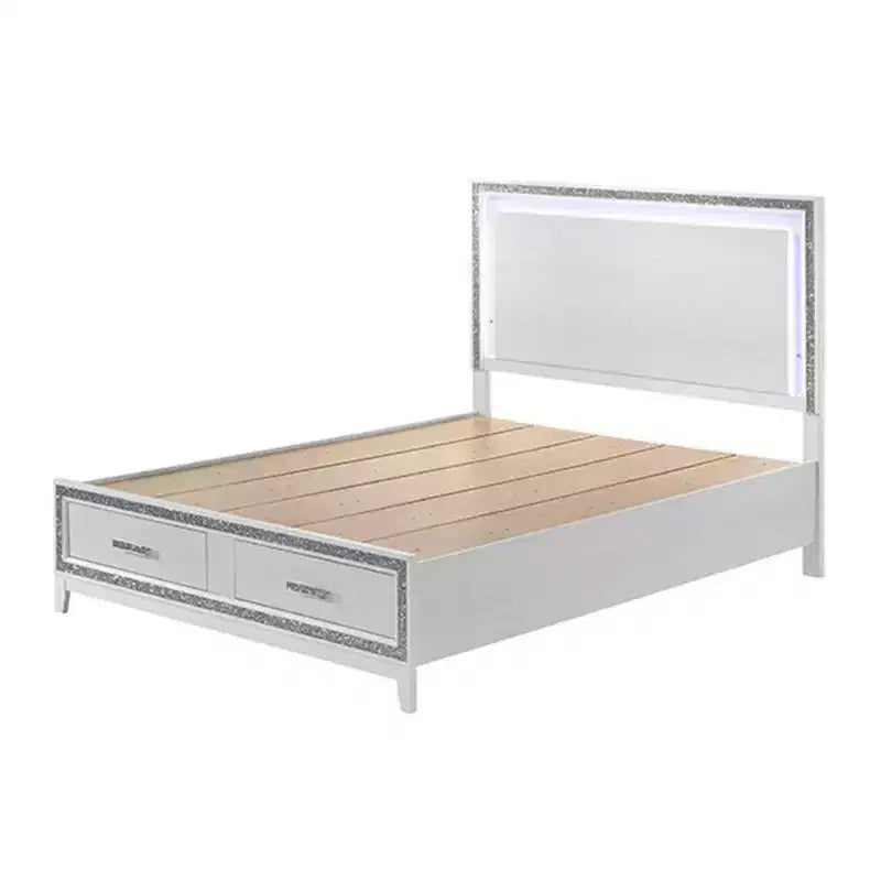 Lit King size oriental 84 po Haiden Acme Furniture Fini blanc : revêtement en similicuir, lumière DEL, tiroir de rangement