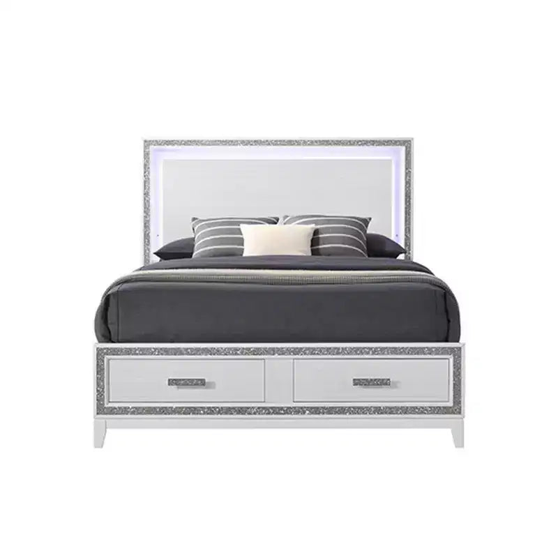 Lit King size oriental 84 po Haiden Acme Furniture Fini blanc : revêtement en similicuir, lumière DEL, tiroir de rangement