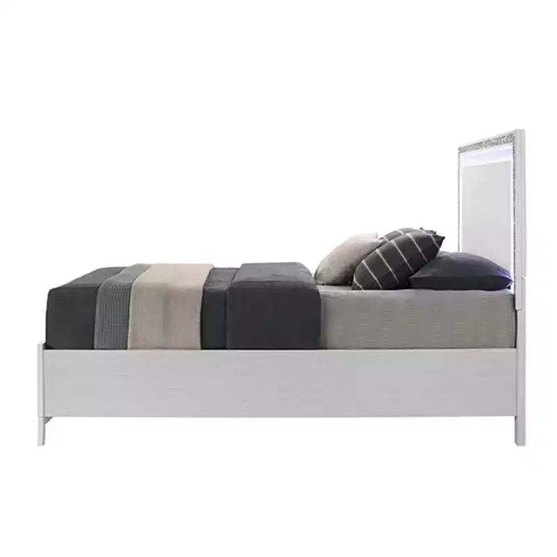 Lit King size oriental 84 po Haiden Acme Furniture Fini blanc : revêtement en similicuir, lumière DEL, tiroir de rangement