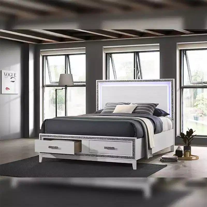 Lit King size oriental 84 po Haiden Acme Furniture Fini blanc : revêtement en similicuir, lumière DEL, tiroir de rangement