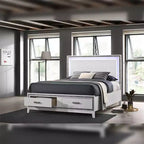 Lit King size oriental 84 po Haiden Acme Furniture Fini blanc : revêtement en similicuir, lumière DEL, tiroir de rangement