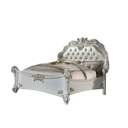 94" Eastern King Bed Vendome Bed Synthetic Leather and Antique Pearl Finish - Acme Furniture: Luxurious Carved Details