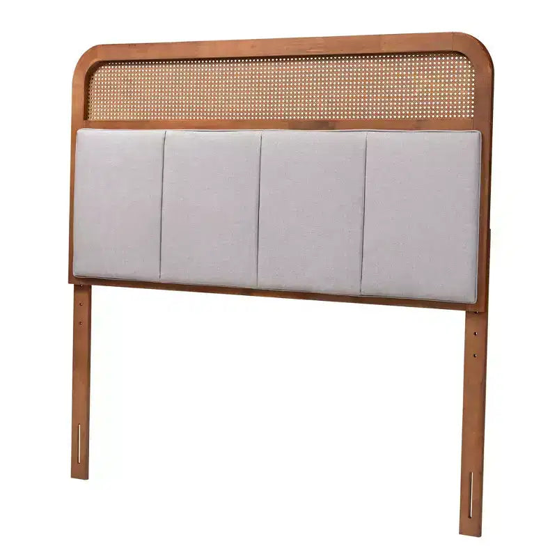 Baxton Studio Tête de lit King Esti en tissu et bois avec rotin Gris clair/Noyer cendré : Design Mid-Century, 5 hauteurs réglables