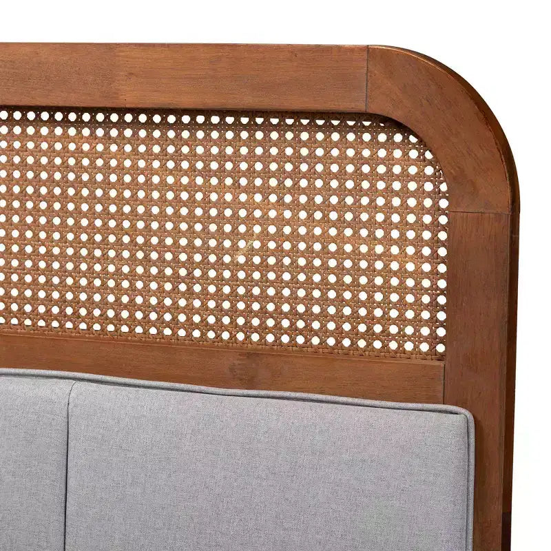 Baxton Studio Tête de lit King Esti en tissu et bois avec rotin Gris clair/Noyer cendré : Design Mid-Century, 5 hauteurs réglables