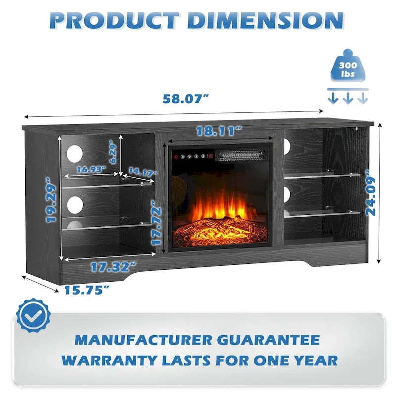 Meuble TV cheminée Bossin 58" avec foyer électrique 18", centre de divertissement moderne pour téléviseurs 65", console TV