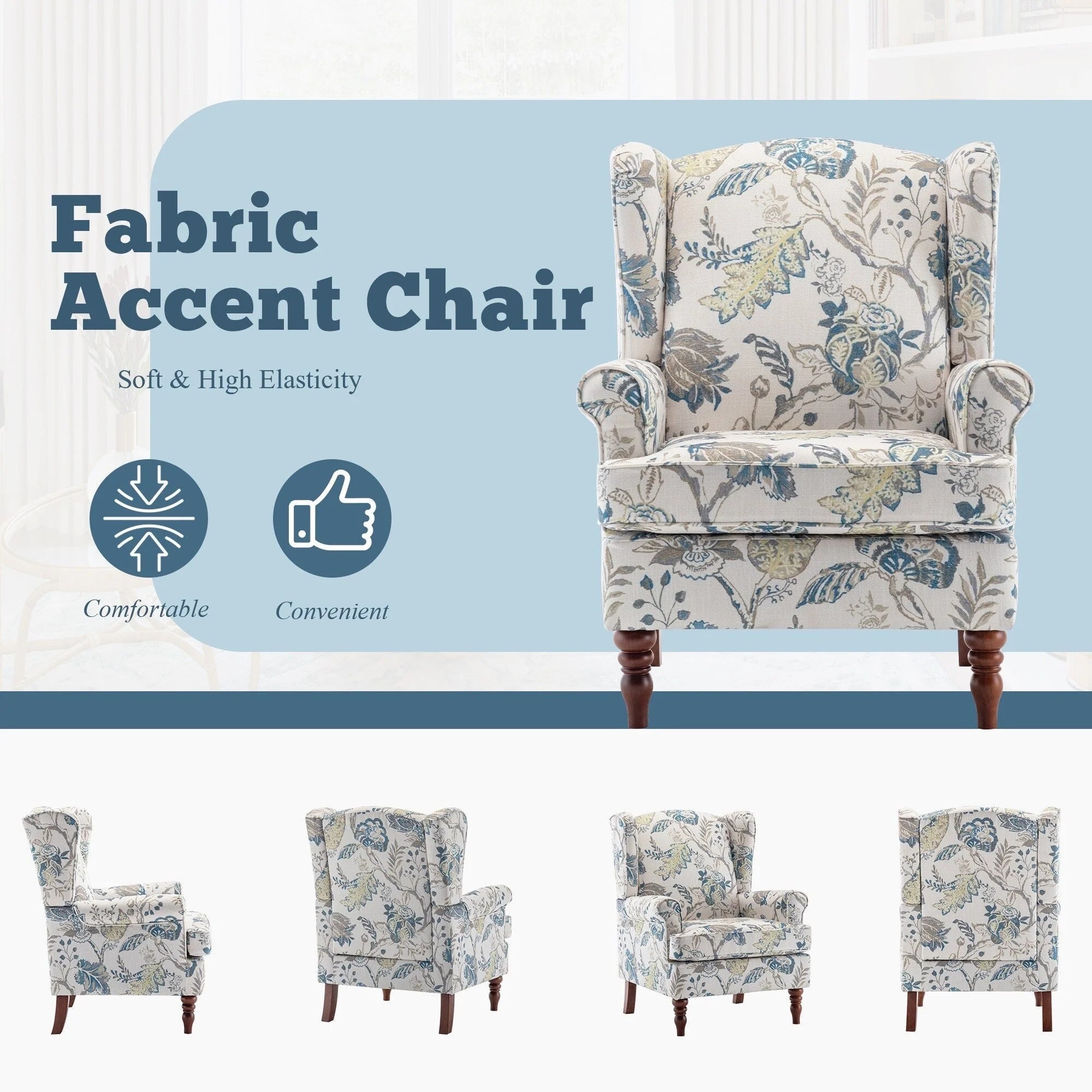 Fauteuil d'appoint moderne Erommy, fauteuil à dossier haut, canapé simple en tissu rembourré avec boutons et pieds en bois pour salon