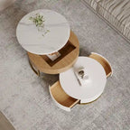 Table basse ronde blanche avec rangement, plateau relevable en bois, avec tiroirs rotatifs blanc naturel