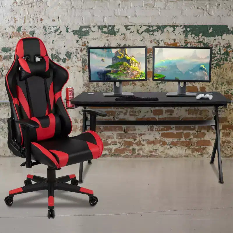 Ensemble Bureau Gaming Emma et Oliver - Support Tasse/Casque/Tapis de Souris Intégré