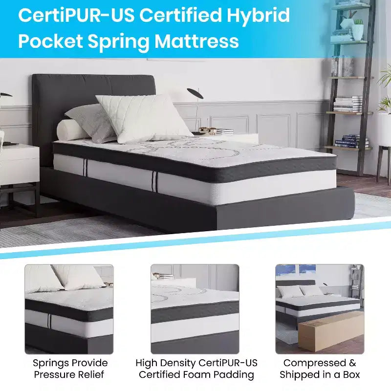 Flash Furniture Capri Matelas Hybride à Ressorts Ensachés de 25 cm, Certifié CertiPUR-US, Confortable pour le Sommeil, Matelas en Boîte