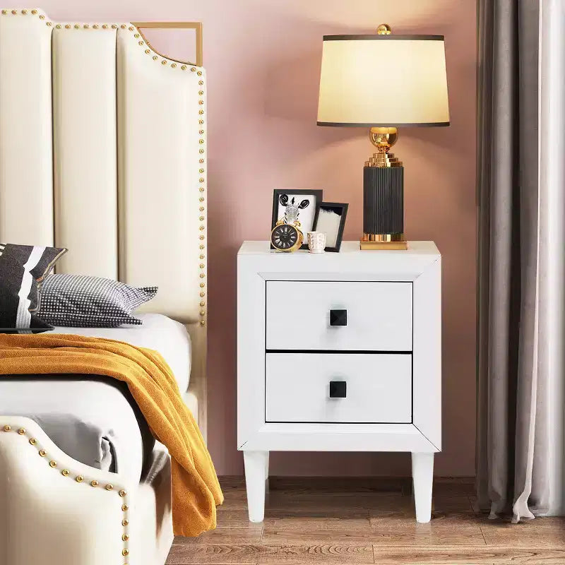 Costway Table de Chevet Table Basse Pieds en Bois Tiroirs de Rangement Blanc