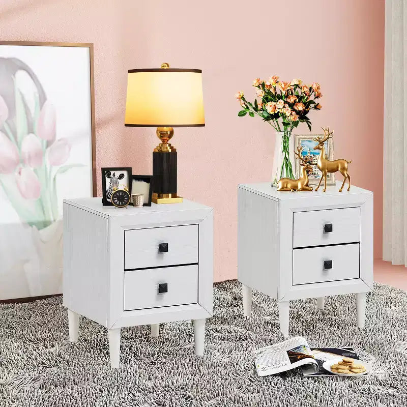 Costway Table de Chevet Table Basse Pieds en Bois Tiroirs de Rangement Blanc