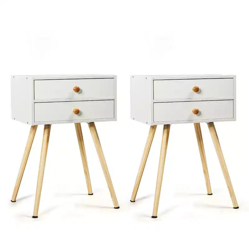 Costway Lot de 2 tables de chevet/d'appoint de canapé avec 2 tiroirs, style Mid-Century Moderne, Blanc
