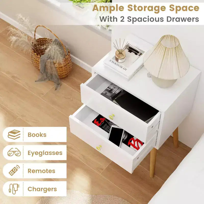 Costway Lot de 2 tables de chevet/d'appoint de canapé avec 2 tiroirs, style Mid-Century Moderne, Blanc