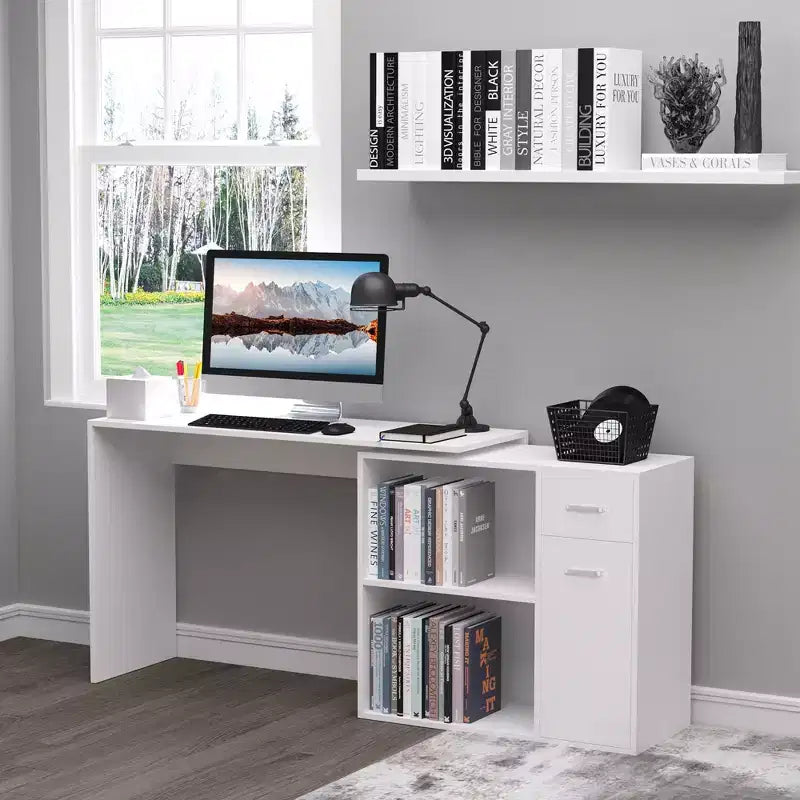 Bureau d'angle en L HOMCOM avec étagères rotatives et tiroir de rangement pour la maison et le bureau