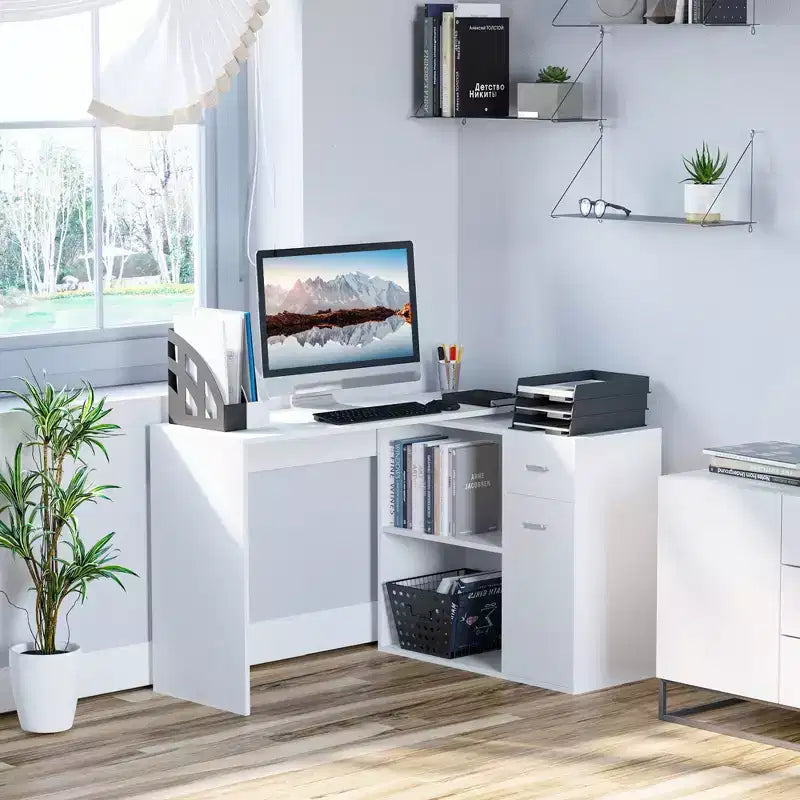 Bureau d'angle en L HOMCOM avec étagères rotatives et tiroir de rangement pour la maison et le bureau