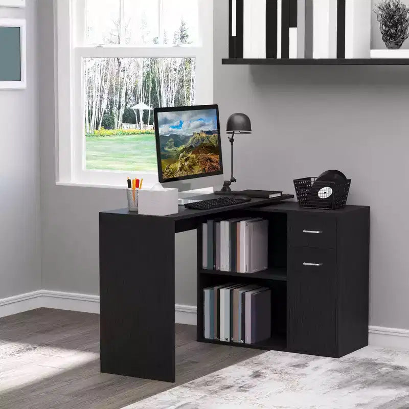 Bureau d'angle en L HOMCOM avec étagères rotatives et tiroir de rangement pour la maison et le bureau