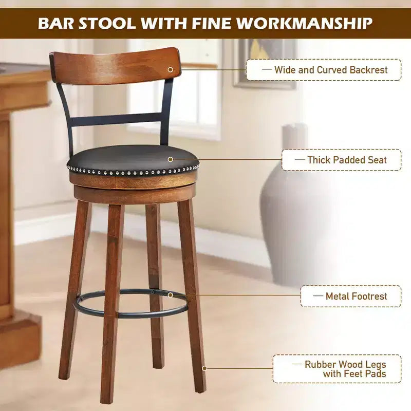Costway 30.5'' Tabouret de Bar Pivotant Hauteur Pub Chaise de Salle à Manger Cuisine avec Pieds en Bois d'Hévéa