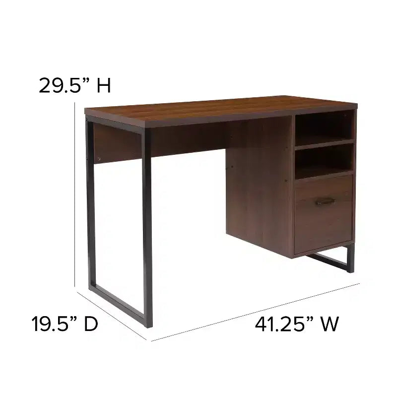 Bureau d'ordinateur rustique Merrick Lane avec étagères et tiroir de rangement, piétement métallique, base sur colonne, pour bureau à domicile