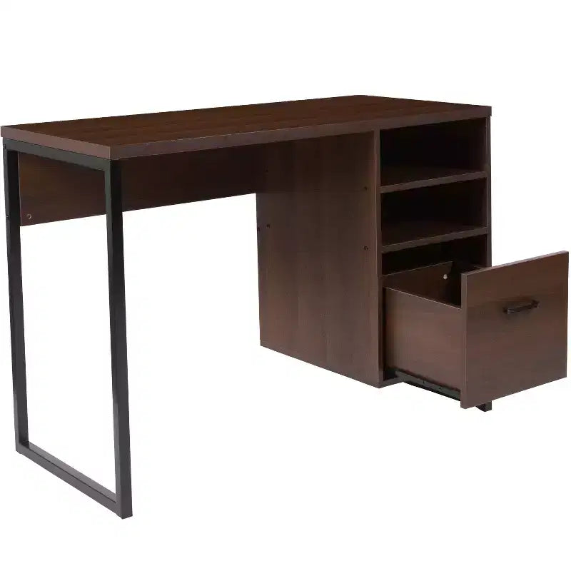 Bureau d'ordinateur rustique Merrick Lane avec étagères et tiroir de rangement, piétement métallique, base sur colonne, pour bureau à domicile