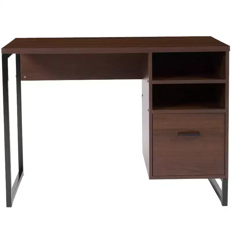 Bureau d'ordinateur rustique Merrick Lane avec étagères et tiroir de rangement, piétement métallique, base sur colonne, pour bureau à domicile