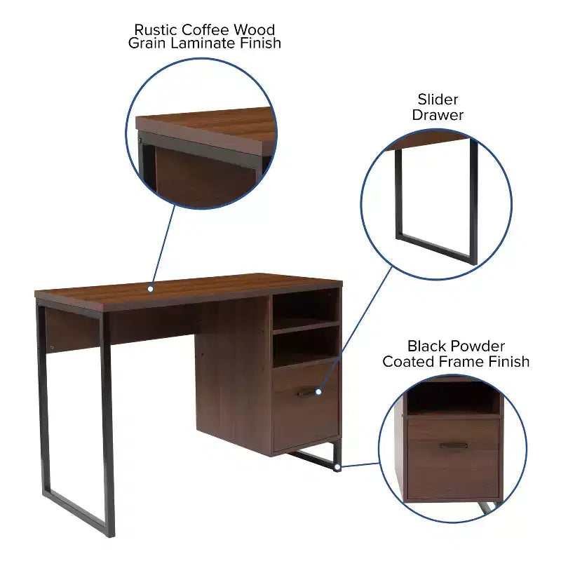 Bureau d'ordinateur rustique Merrick Lane avec étagères et tiroir de rangement, piétement métallique, base sur colonne, pour bureau à domicile