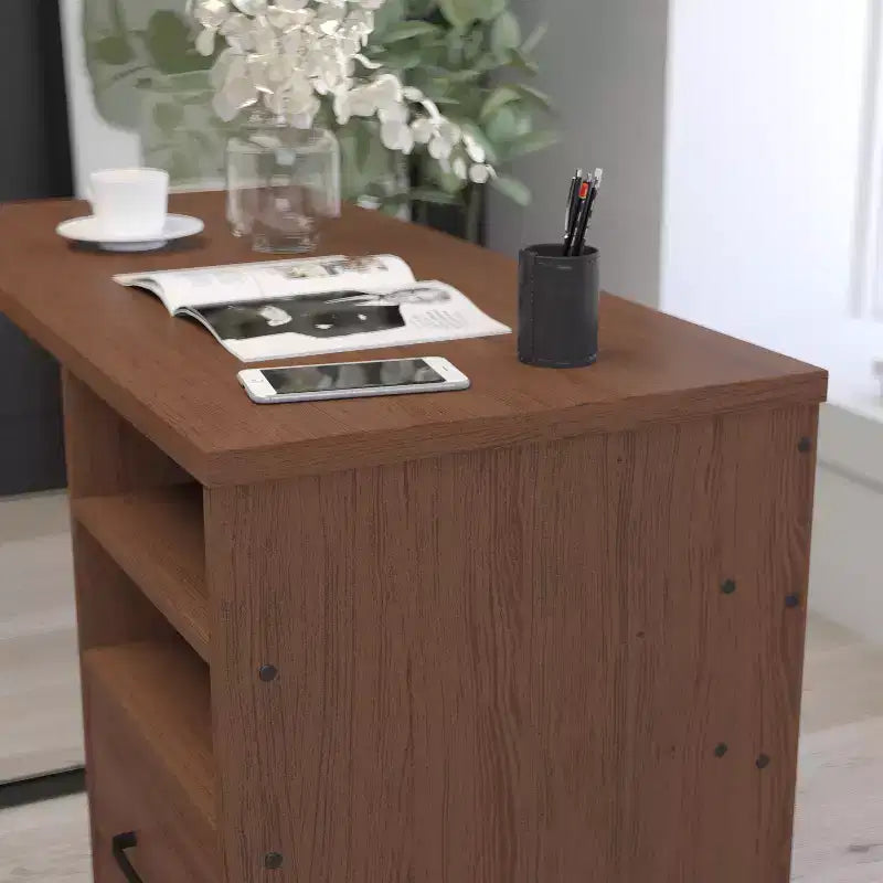 Bureau d'ordinateur rustique Merrick Lane avec étagères et tiroir de rangement, piétement métallique, base sur colonne, pour bureau à domicile