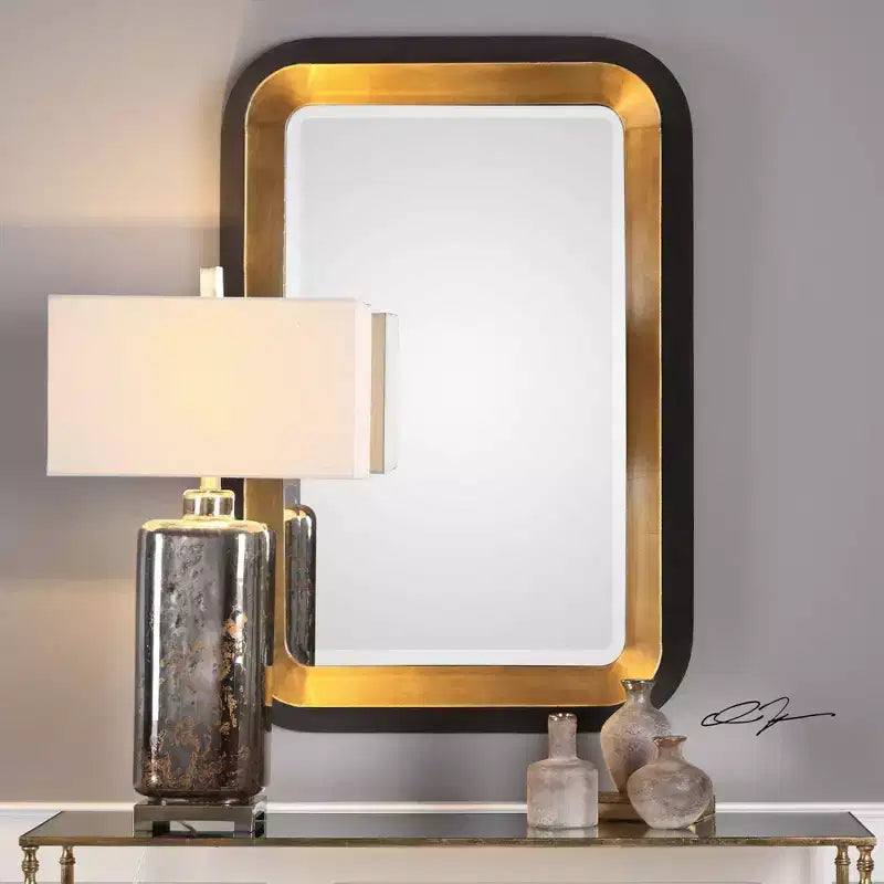 Miroir mural décoratif rectangulaire Uttermost, style Art Déco, en métal doré vieilli avec cadre noir vieilli, 71 cm de large, pour salle de bain