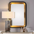 Miroir mural décoratif rectangulaire Uttermost, style Art Déco, en métal doré vieilli avec cadre noir vieilli, 71 cm de large, pour salle de bain
