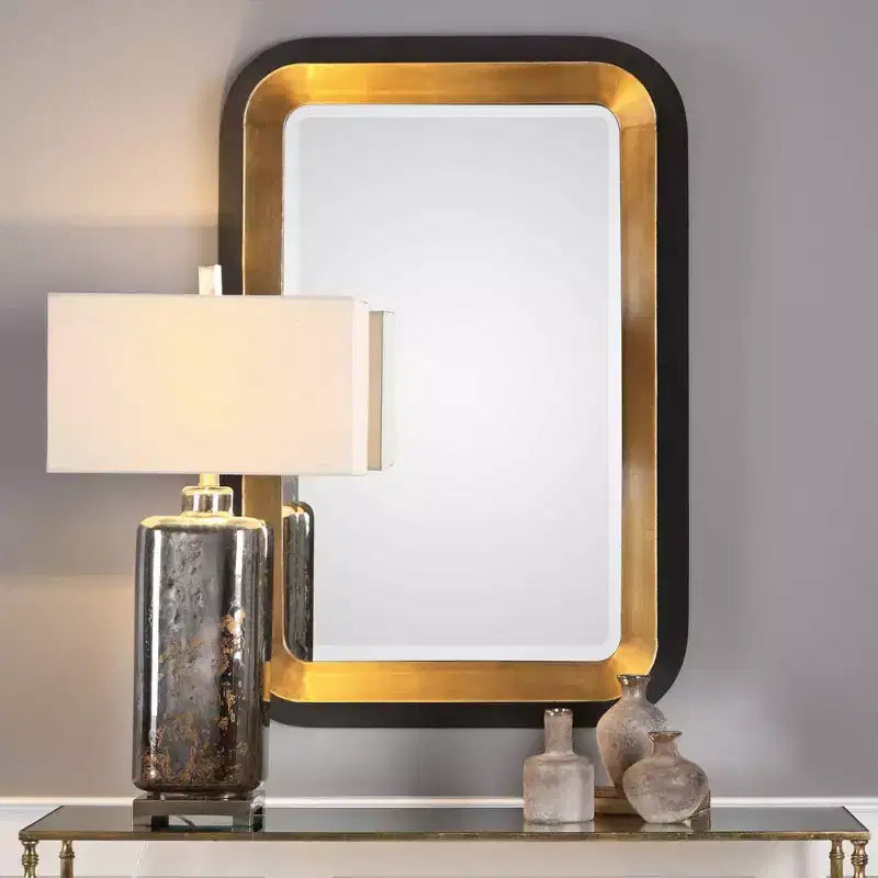 Miroir mural décoratif rectangulaire Uttermost, style Art Déco, en métal doré vieilli avec cadre noir vieilli, 71 cm de large, pour salle de bain