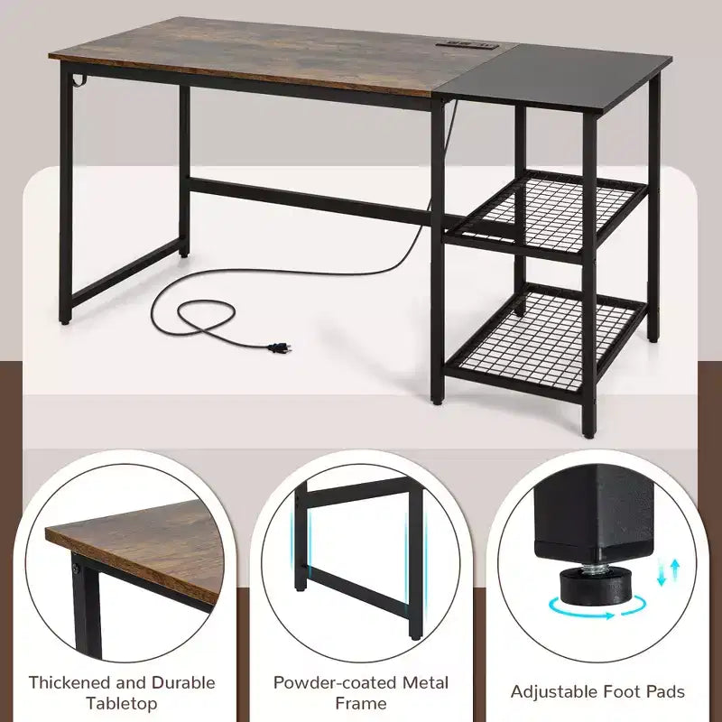 Costway Bureau d'ordinateur de 59 pouces pour la maison et le bureau, Table d'étude pour ordinateur portable, Étagère détachable, Rustique