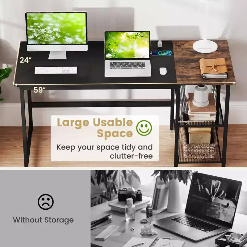 Costway Bureau d'ordinateur de 59 pouces pour la maison et le bureau, Table d'étude pour ordinateur portable, Étagère détachable, Rustique