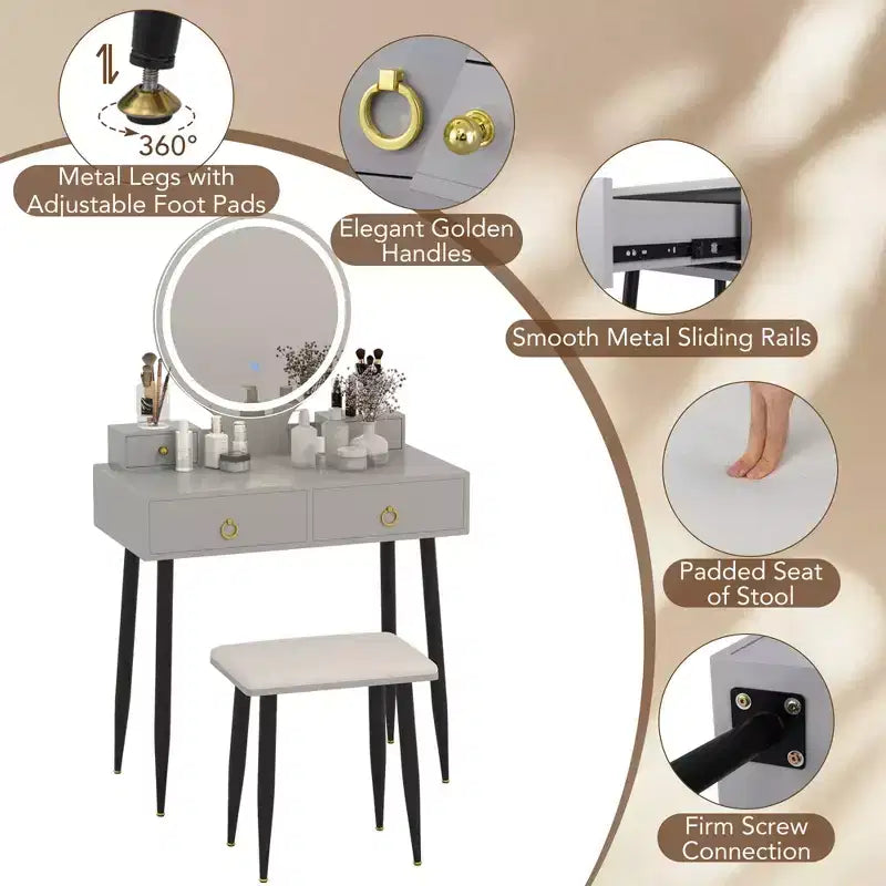 Coiffeuse Costway avec tabouret et miroir lumineux 3 couleurs avec tiroirs Gris/Blanc